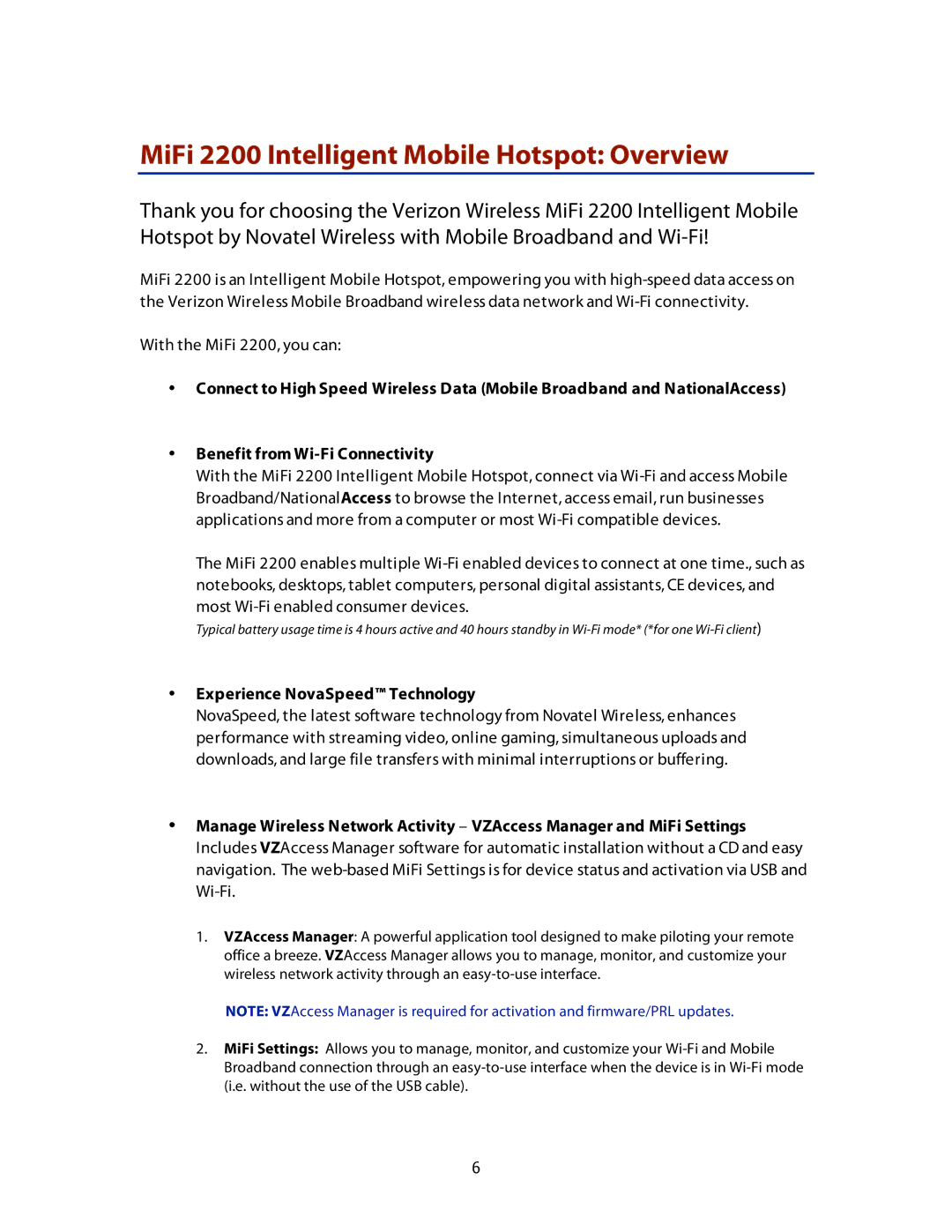 Verizon manual MiFi 2200 Intelligent Mobile Hotspot Overview, Experience NovaSpeed Technology 