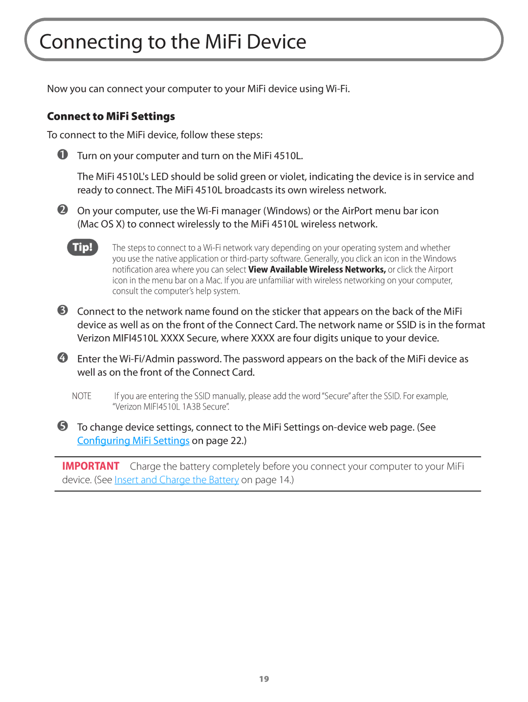 Verizon MIFI4510LPP manual Connecting to the MiFi Device, Connect to MiFi Settings 