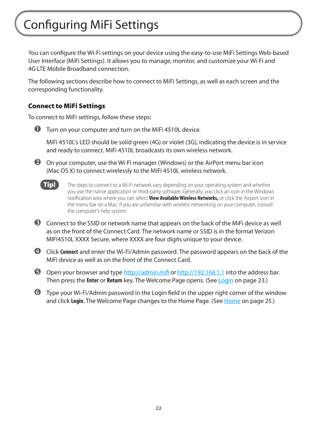 Verizon MIFI4510LPP manual Configuring MiFi Settings, Connect to MiFi Settings 