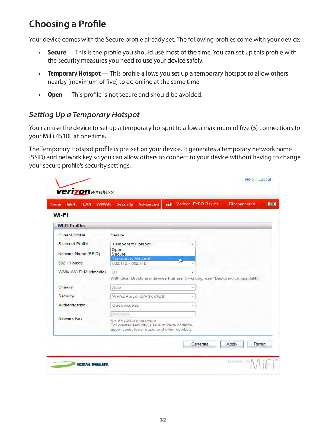 Verizon MIFI4510LPP manual Choosing a Profile, Setting Up a Temporary Hotspot 