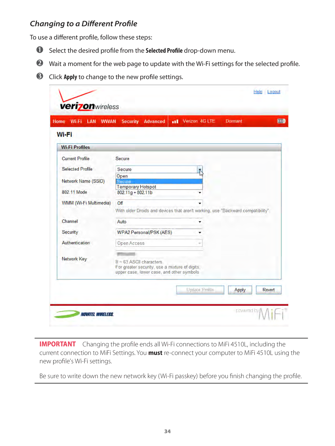 Verizon MIFI4510LPP manual Changing to a Different Profile 