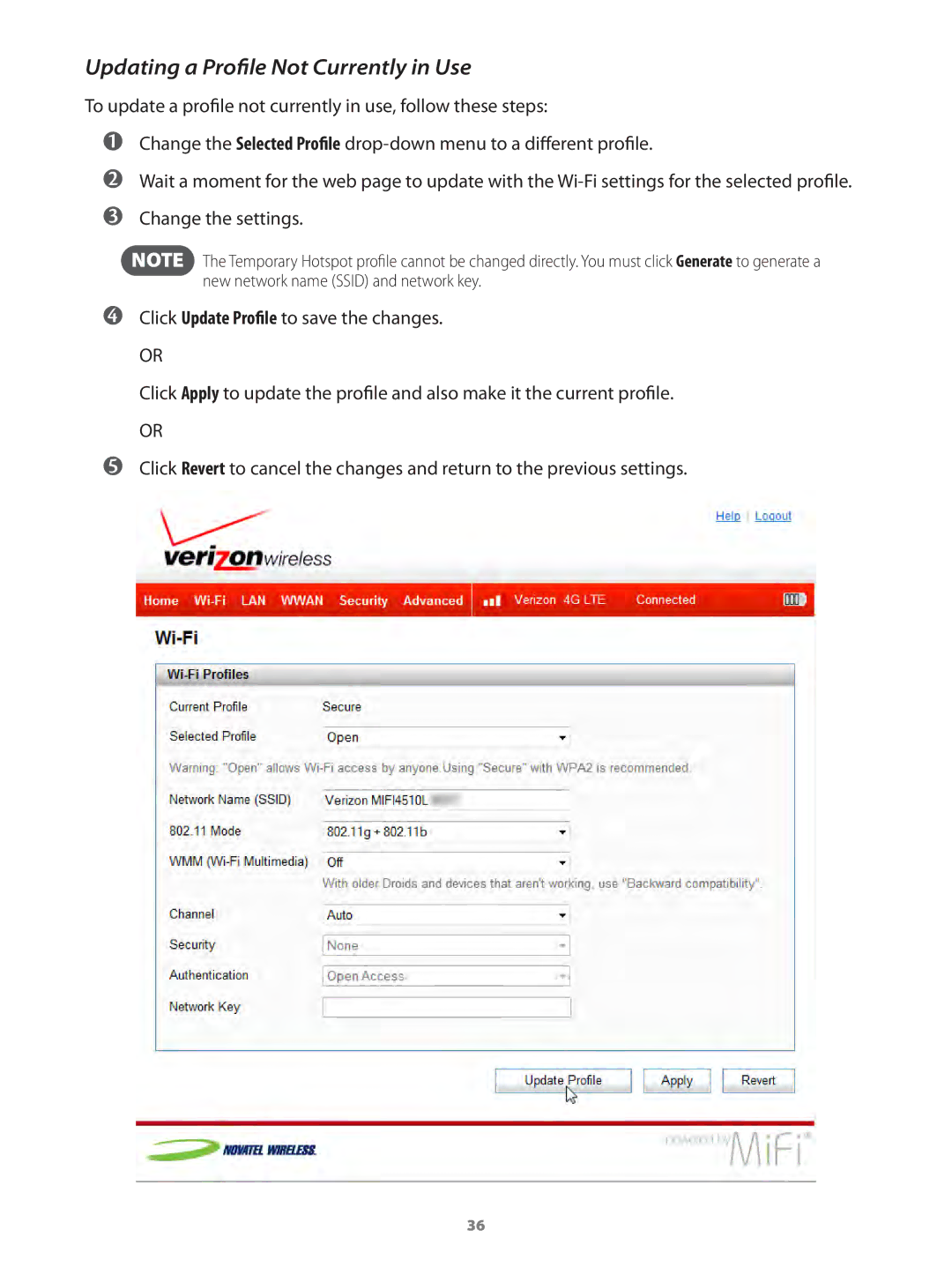 Verizon MIFI4510LPP manual Updating a Profile Not Currently in Use 