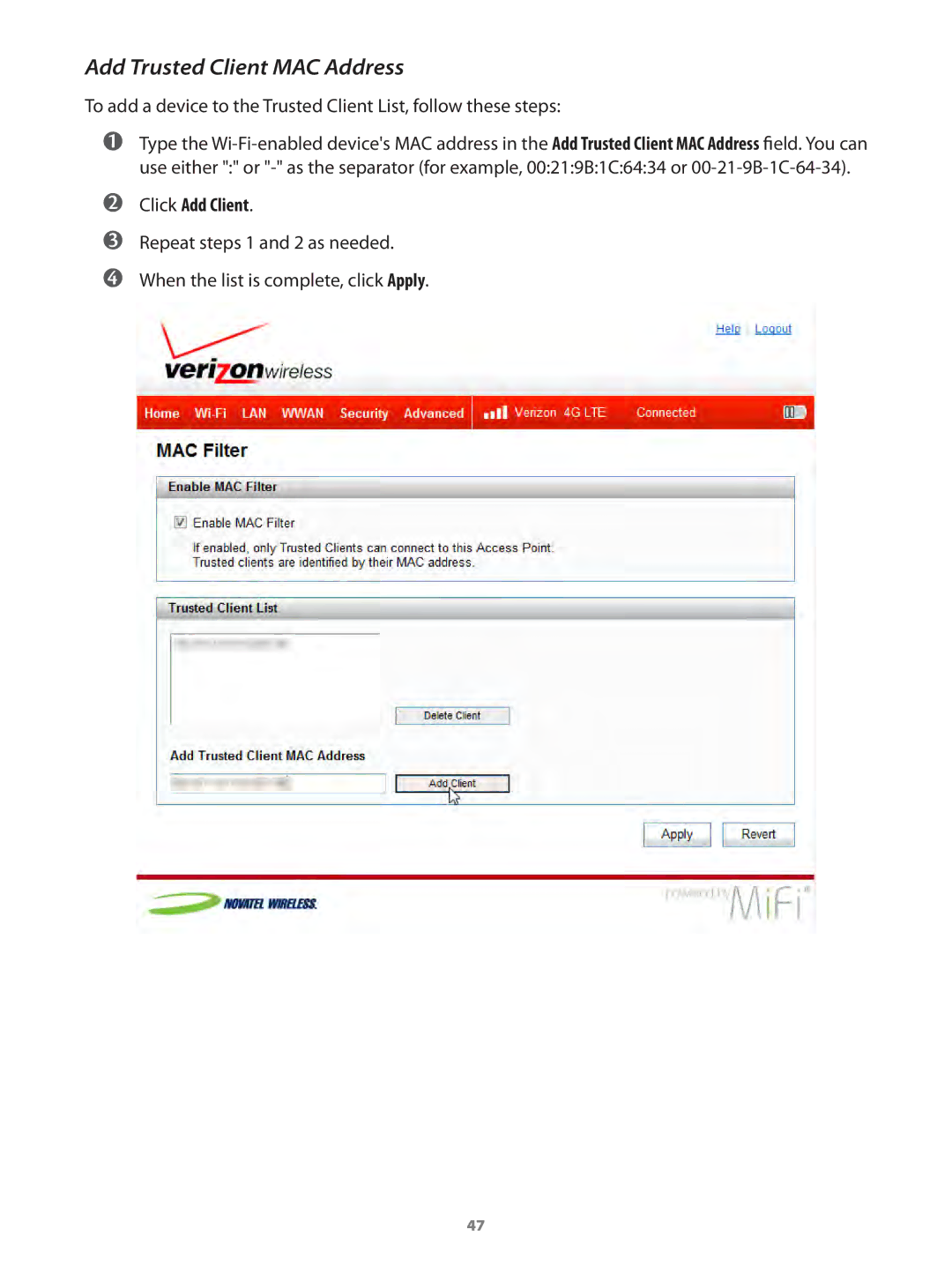 Verizon MIFI4510LPP manual Add Trusted Client MAC Address 