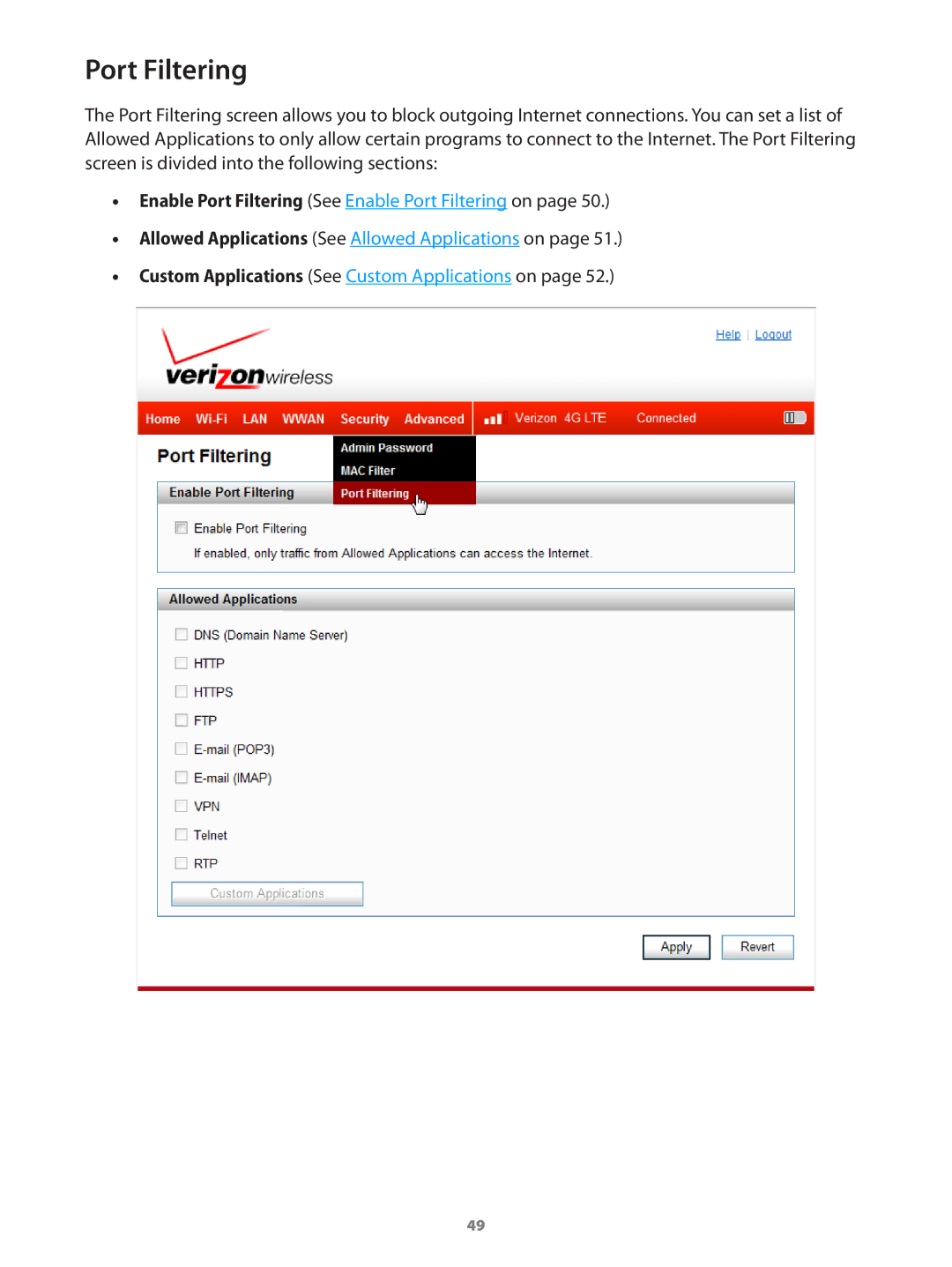 Verizon MIFI4510LPP manual Enable Port Filtering See Enable Port Filtering on 