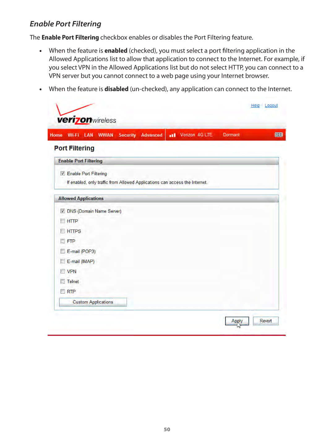 Verizon MIFI4510LPP manual Enable Port Filtering 