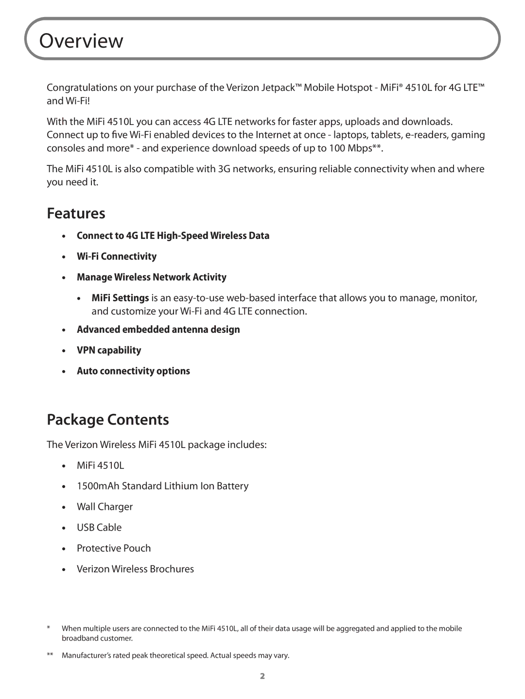 Verizon MIFI4510LPP manual Overview, Features, Package Contents 