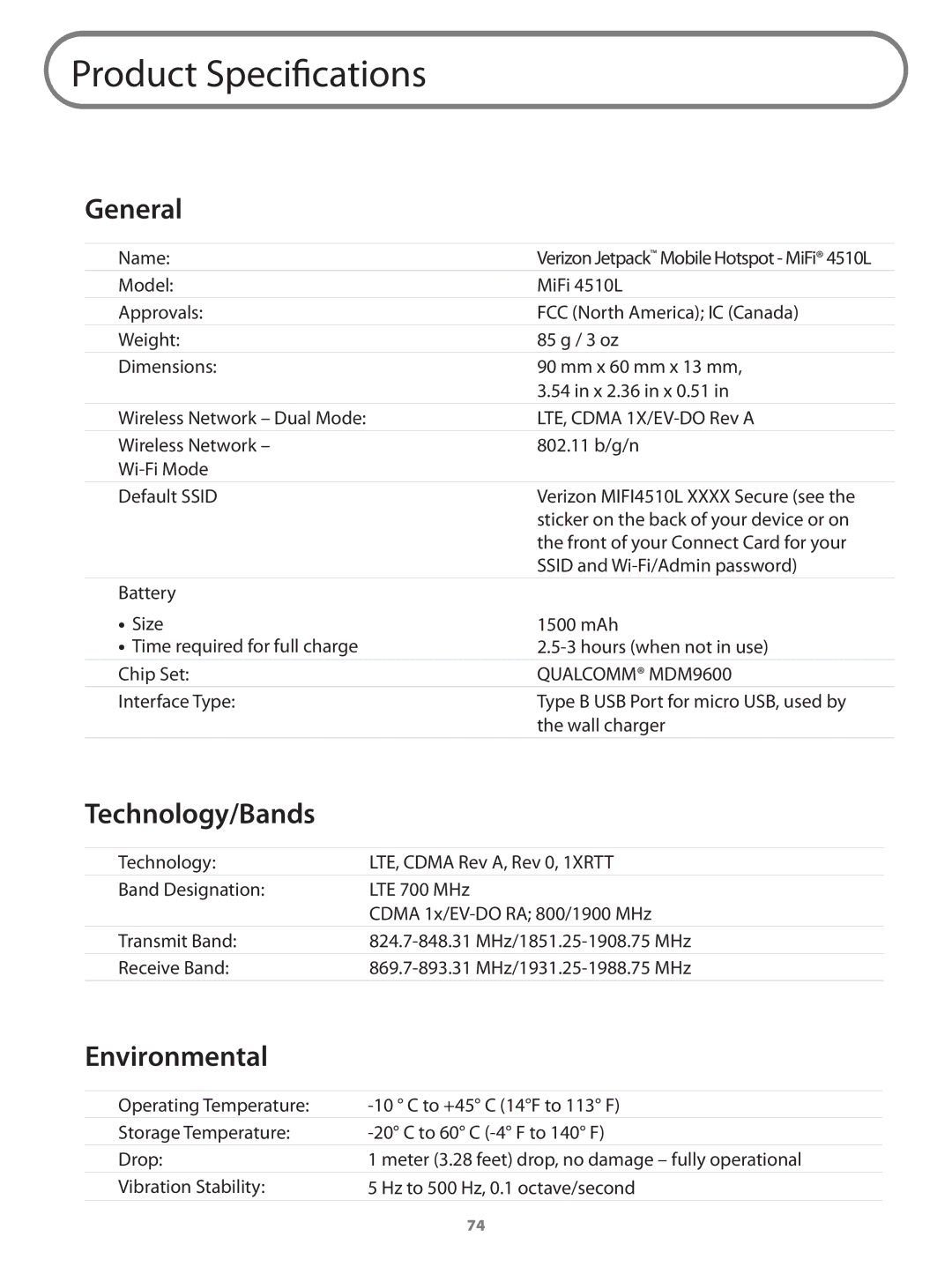 Verizon MIFI4510LPP manual Product Specifications, General, Technology/Bands, Environmental 