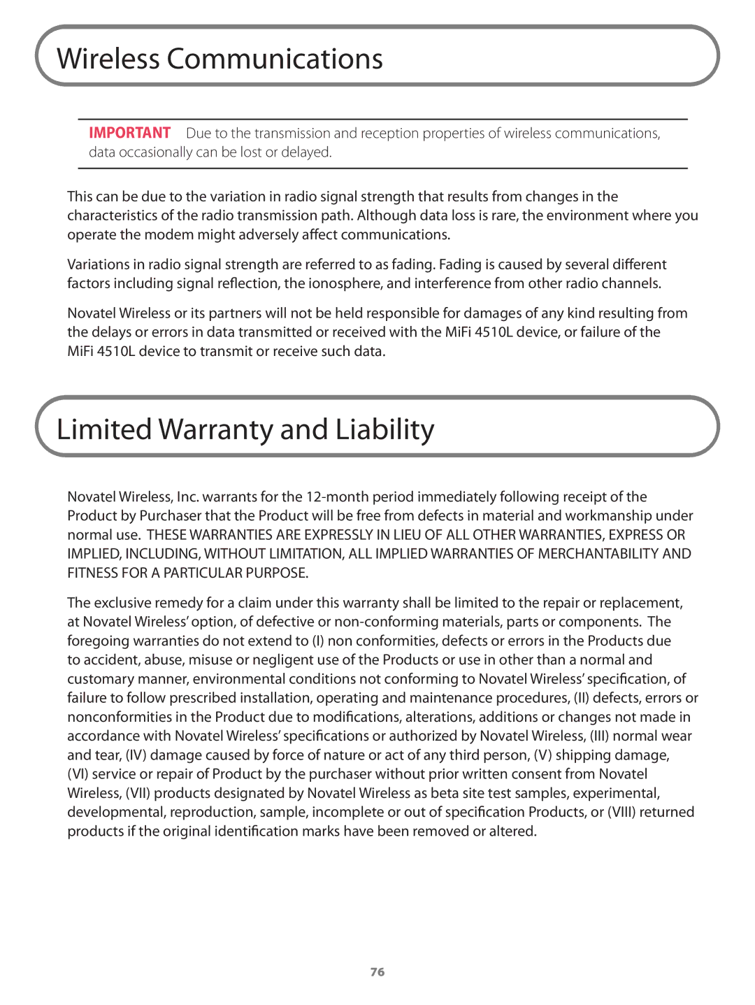 Verizon MIFI4510LPP manual Wireless Communications, Limited Warranty and Liability 