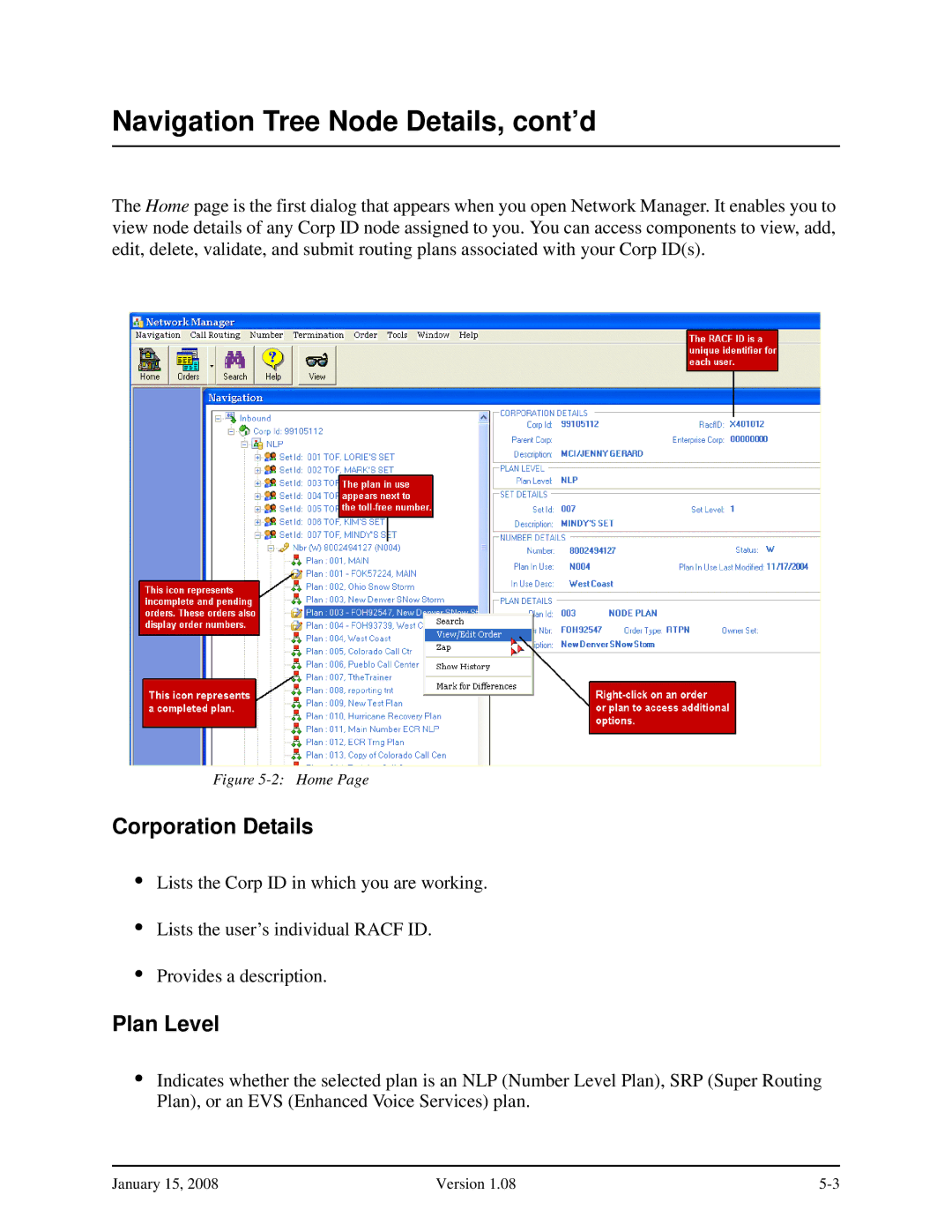 Verizon Network Manager Nodes manual Navigation Tree Node Details, cont’d, Corporation Details, Plan Level 