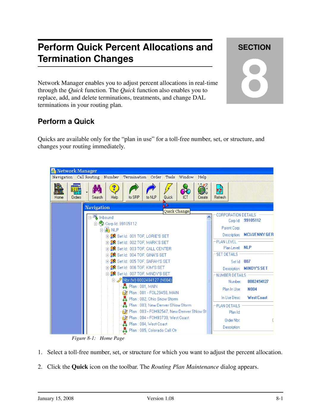 Verizon Network Manager Nodes manual Perform Quick Percent Allocations and Termination Changes, Perform a Quick 