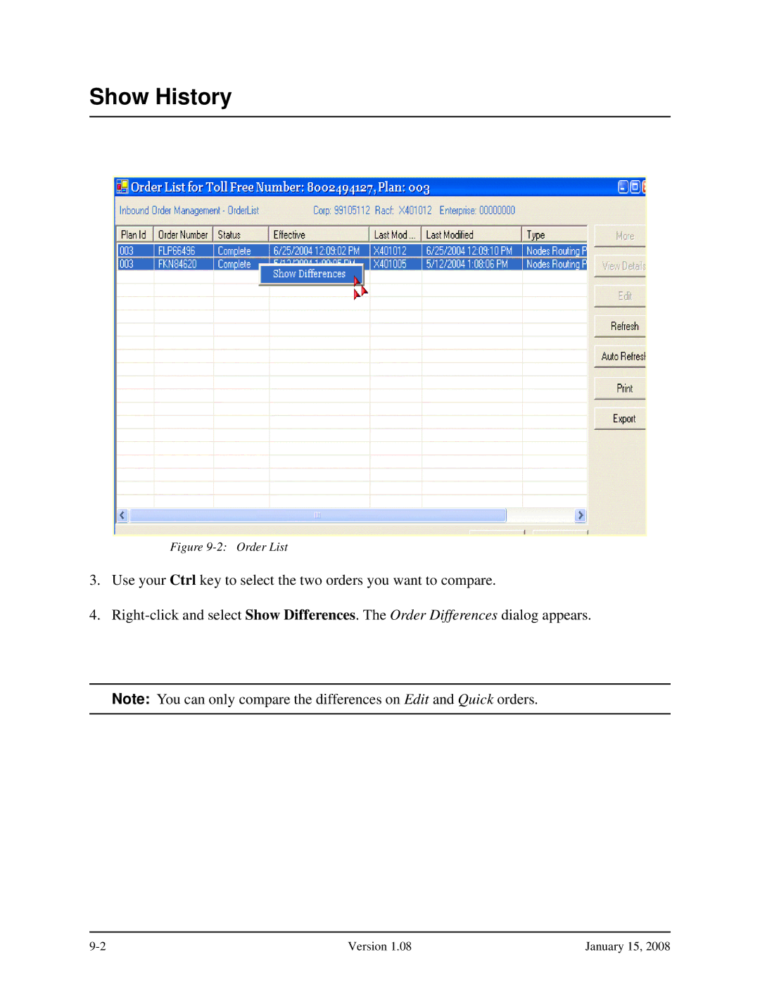 Verizon Network Manager Nodes manual Show History, Order List 