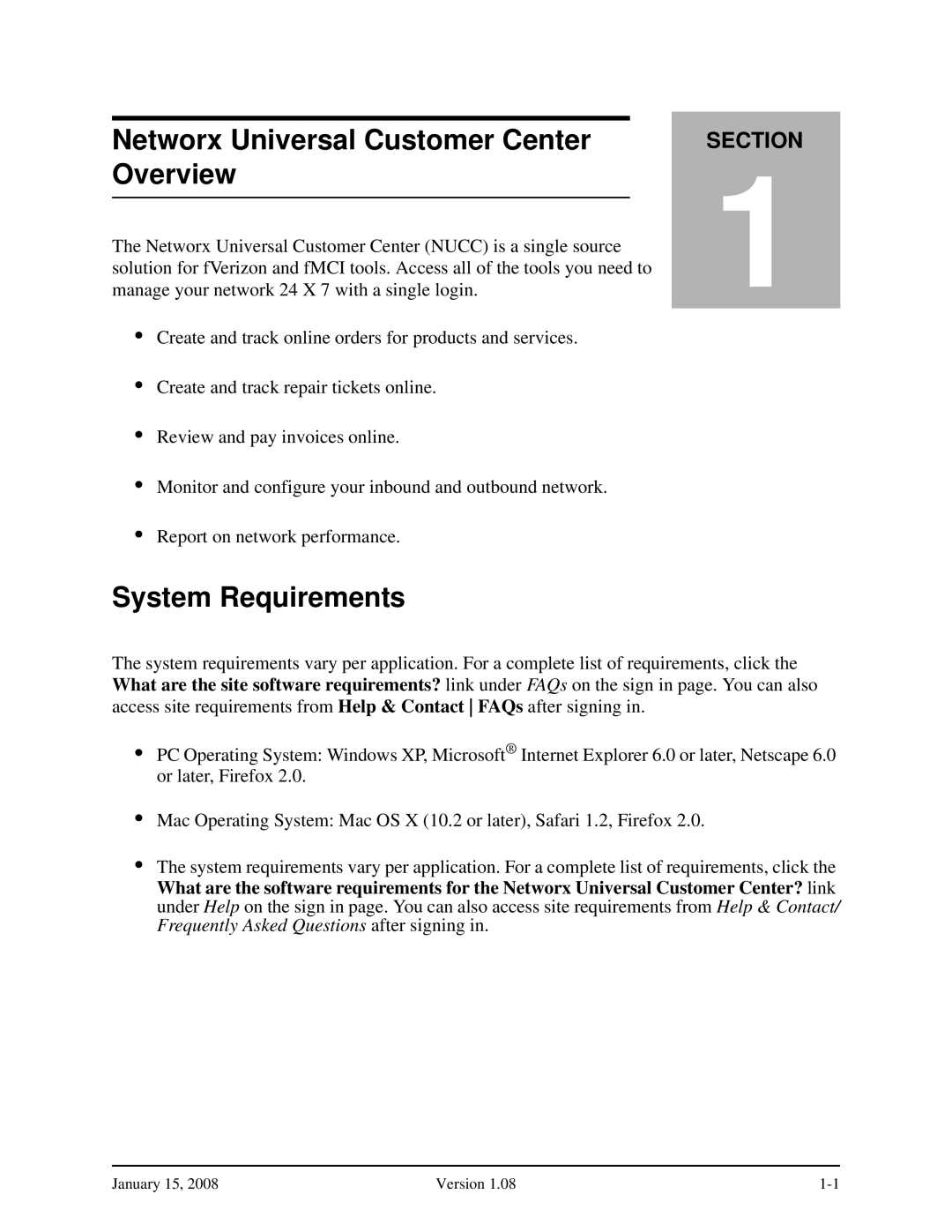 Verizon Network Manager Nodes manual Networx Universal Customer Center Overview, System Requirements 