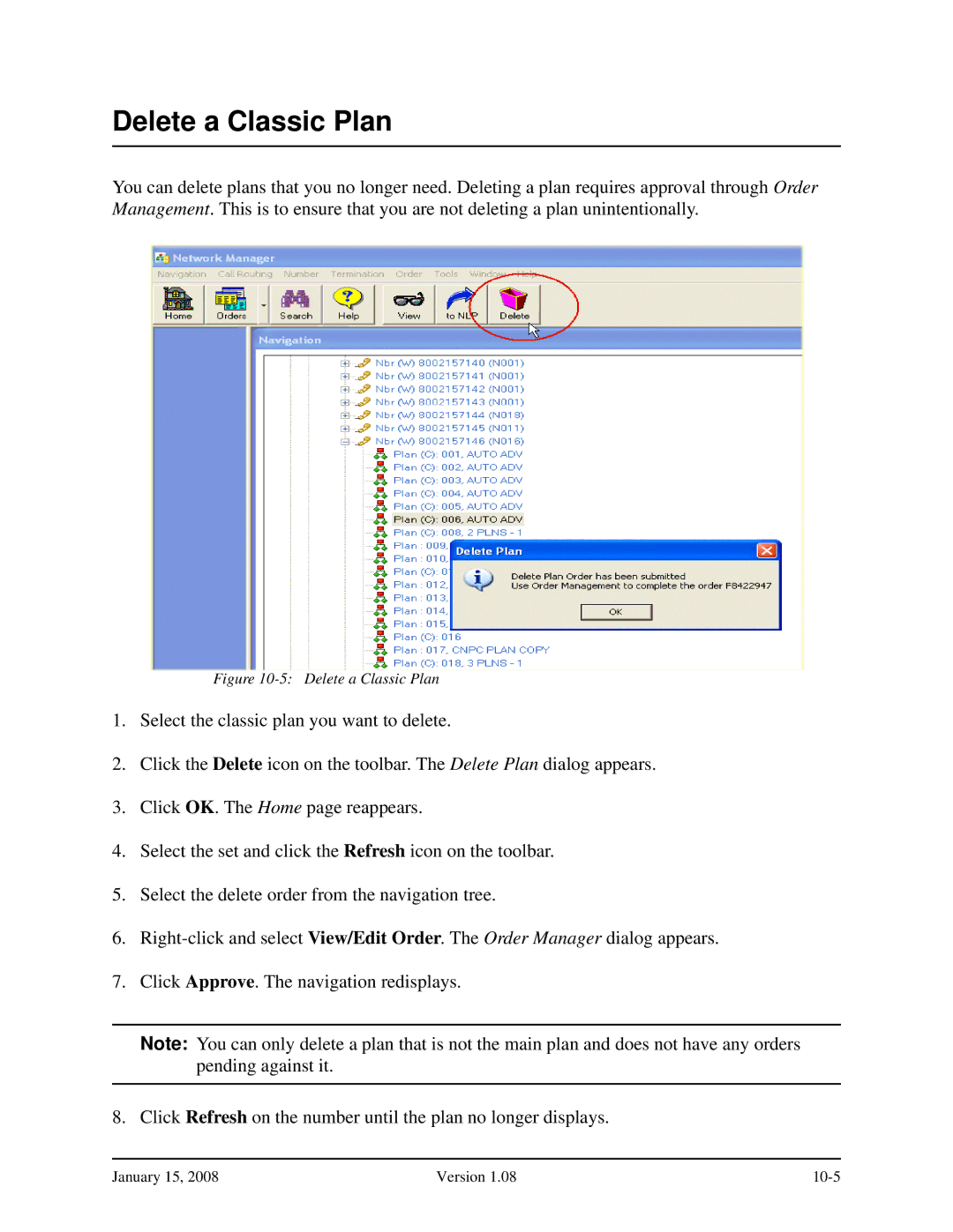 Verizon Network Manager Nodes manual Delete a Classic Plan 