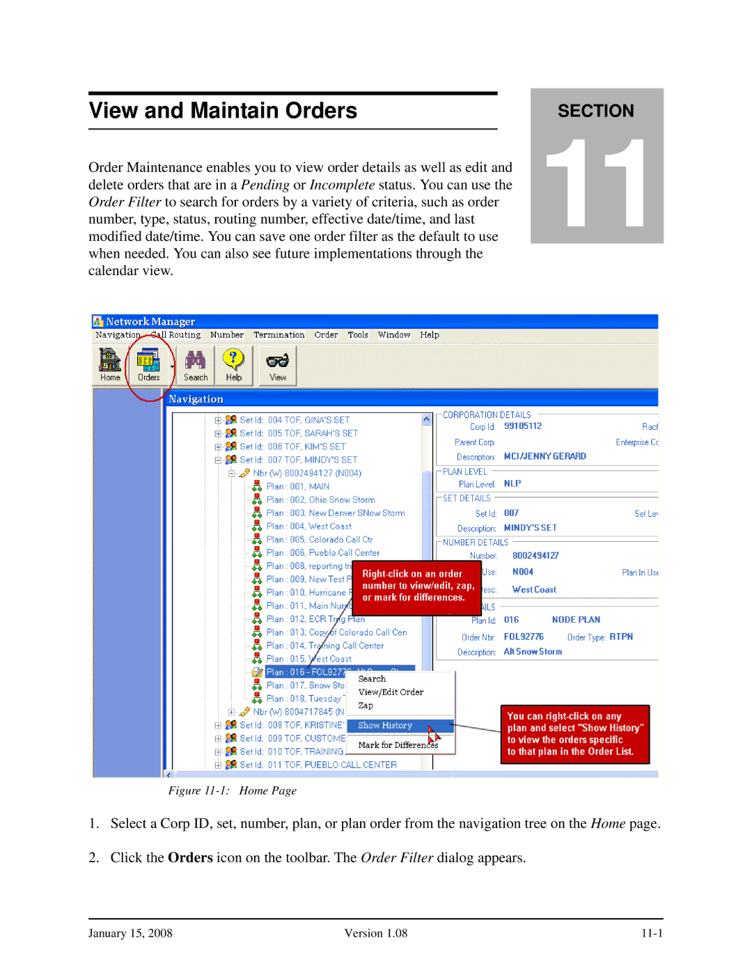 Verizon Network Manager Nodes manual View and Maintain Orders, Home 