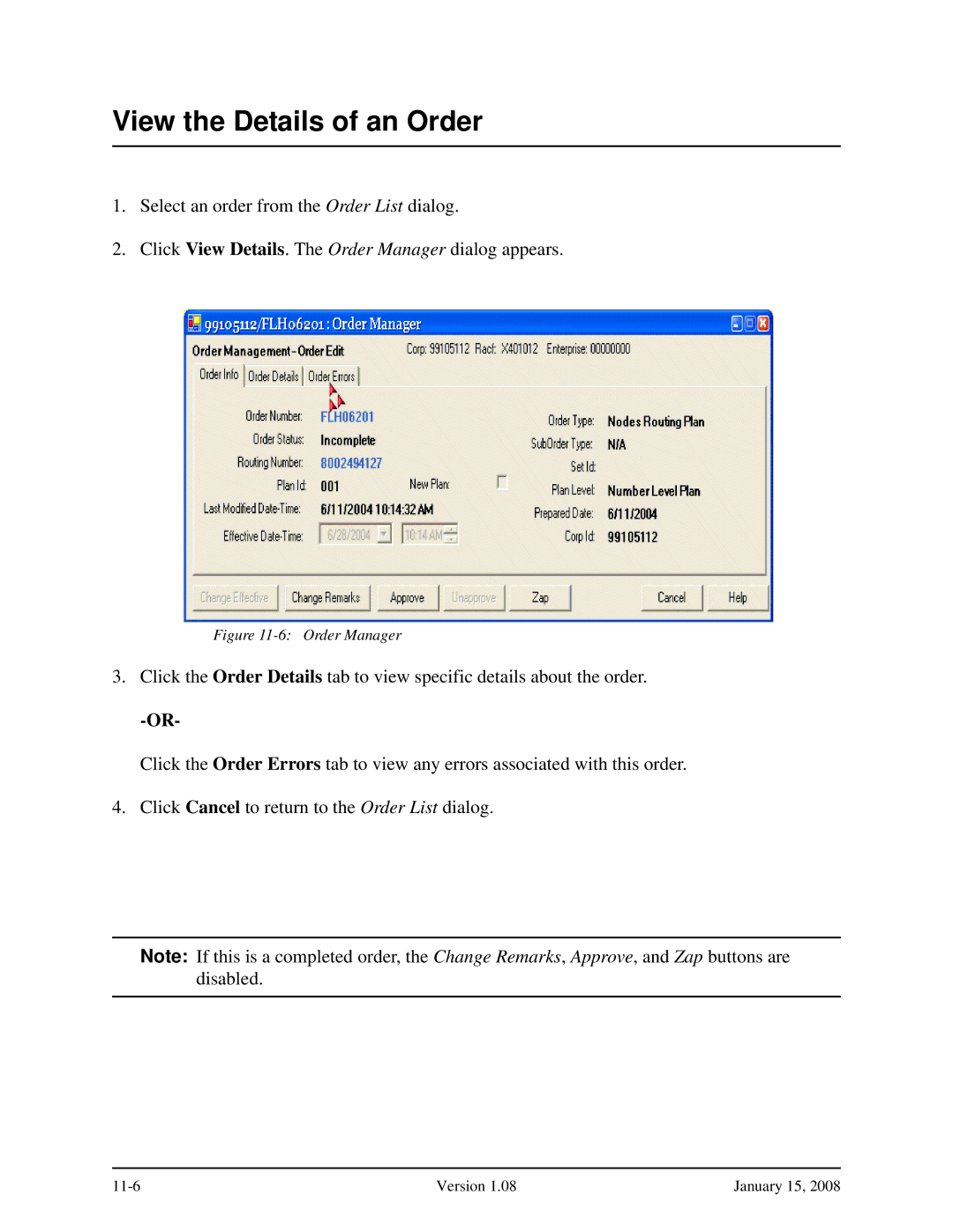 Verizon Network Manager Nodes manual View the Details of an Order, Order Manager 