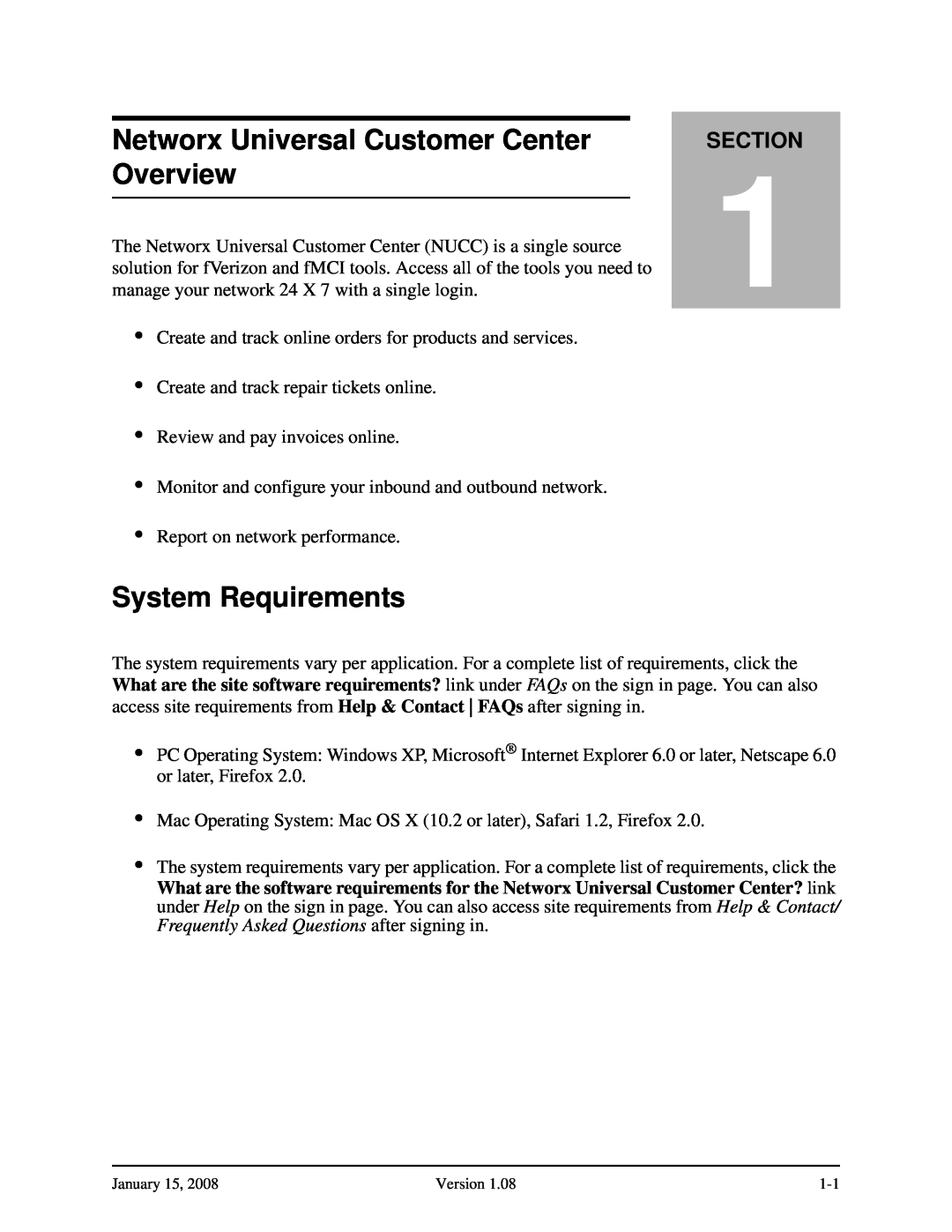 Verizon Network Manager Nodes manual Networx Universal Customer Center Overview, System Requirements, Section 
