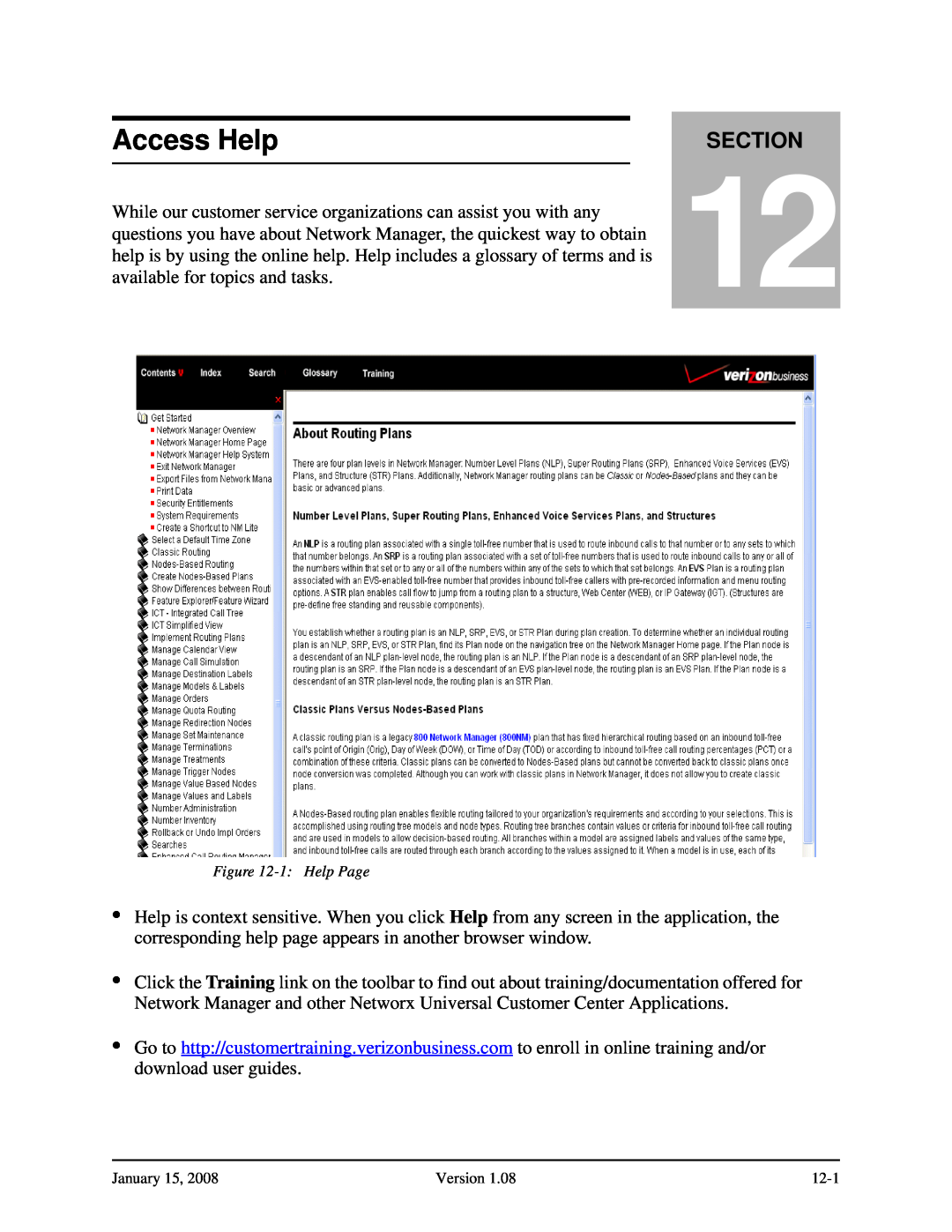 Verizon Network Manager Nodes manual Access Help, Section, 1 Help Page 