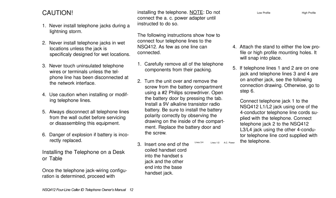 Verizon NSQ412 owner manual Installing the Telephone on a Desk or Table 