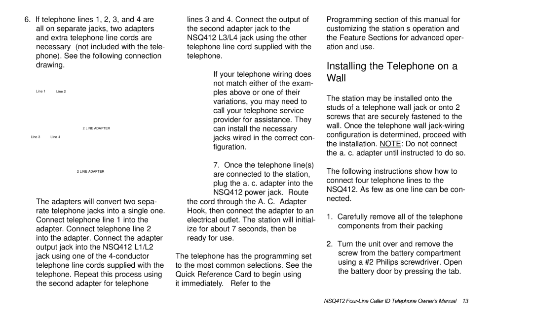 Verizon NSQ412 owner manual Installing the Telephone on a Wall 