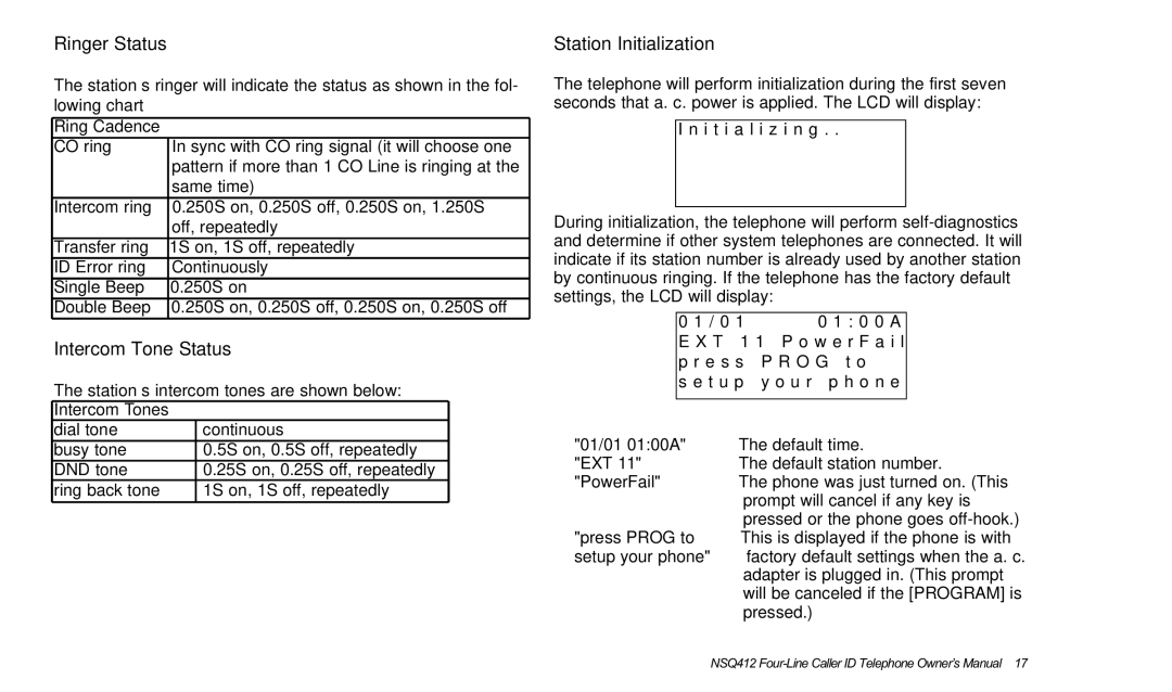 Verizon NSQ412 owner manual Ringer Status, Intercom Tone Status, Station Initialization 