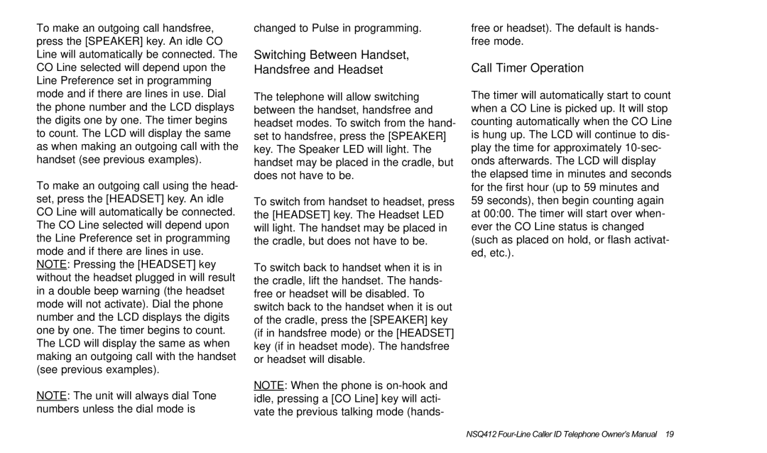 Verizon NSQ412 owner manual Switching Between Handset, Handsfree and Headset, Call Timer Operation 