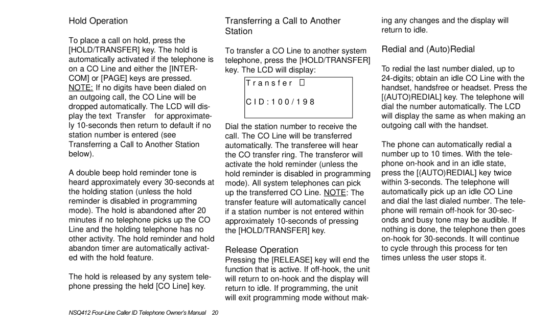 Verizon NSQ412 Hold Operation, Transferring a Call to Another Station, Release Operation, Redial and AutoRedial 