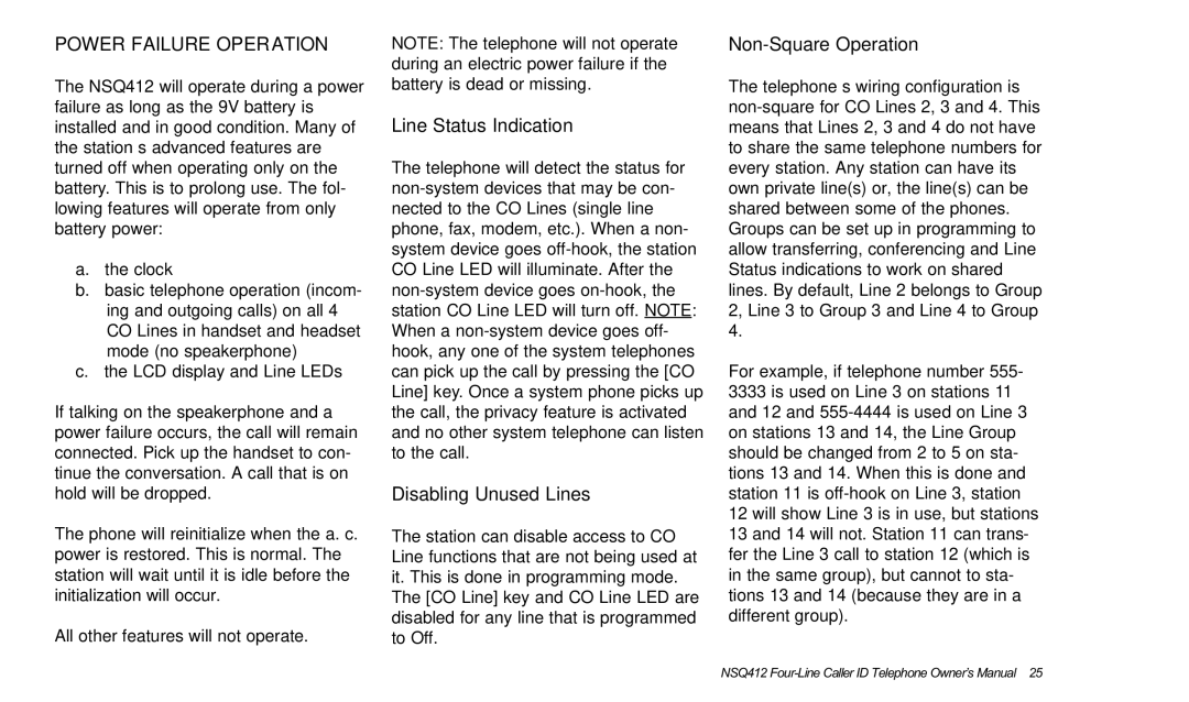 Verizon NSQ412 owner manual Line Status Indication, Disabling Unused Lines, Non-Square Operation 