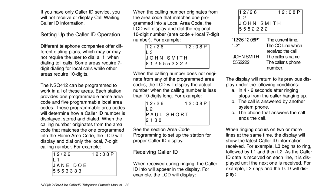 Verizon NSQ412 owner manual Setting Up the Caller ID Operation, Receiving Caller ID 