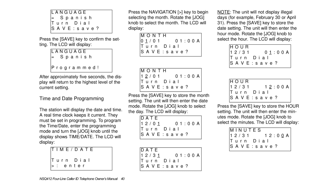 Verizon NSQ412 owner manual Time and Date Programming, N T H, U R, N U T E S 