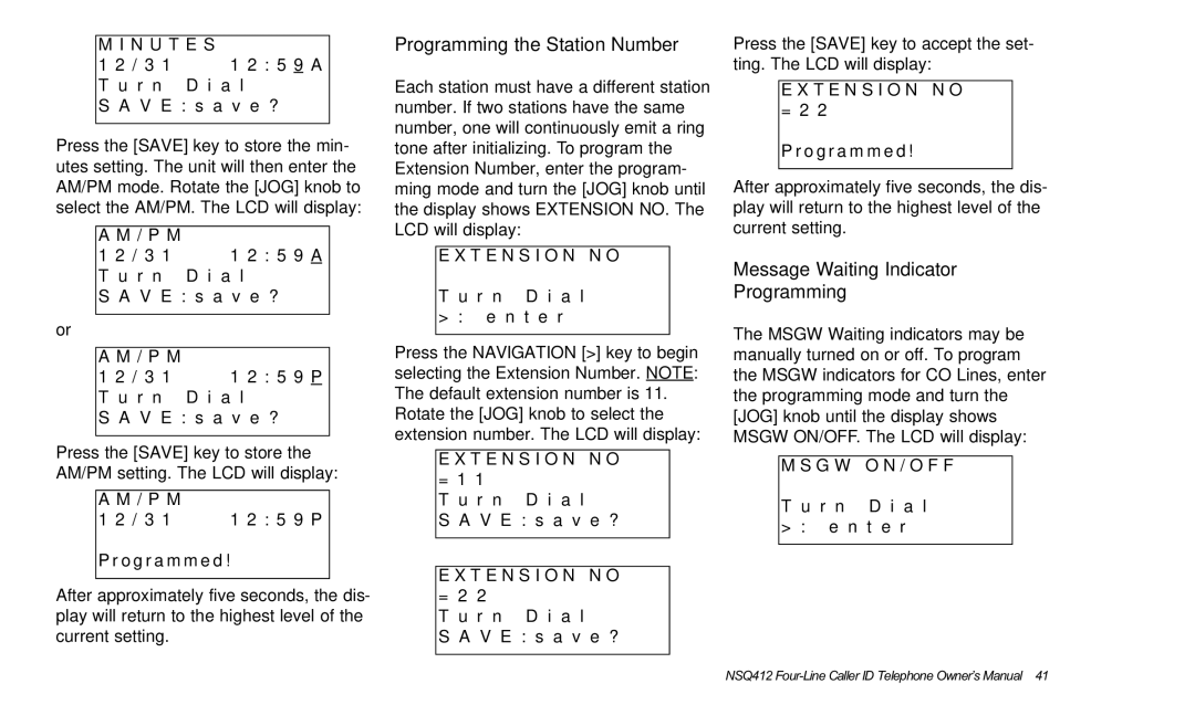 Verizon NSQ412 owner manual Programming the Station Number, Message Waiting Indicator Programming, T E N S I O N N O 