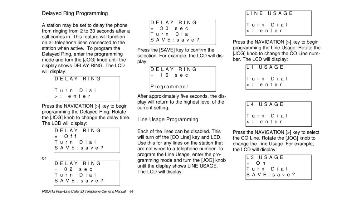 Verizon NSQ412 owner manual Delayed Ring Programming, Line Usage Programming, L a Y N G, L a Y R I N G, N E A G E 