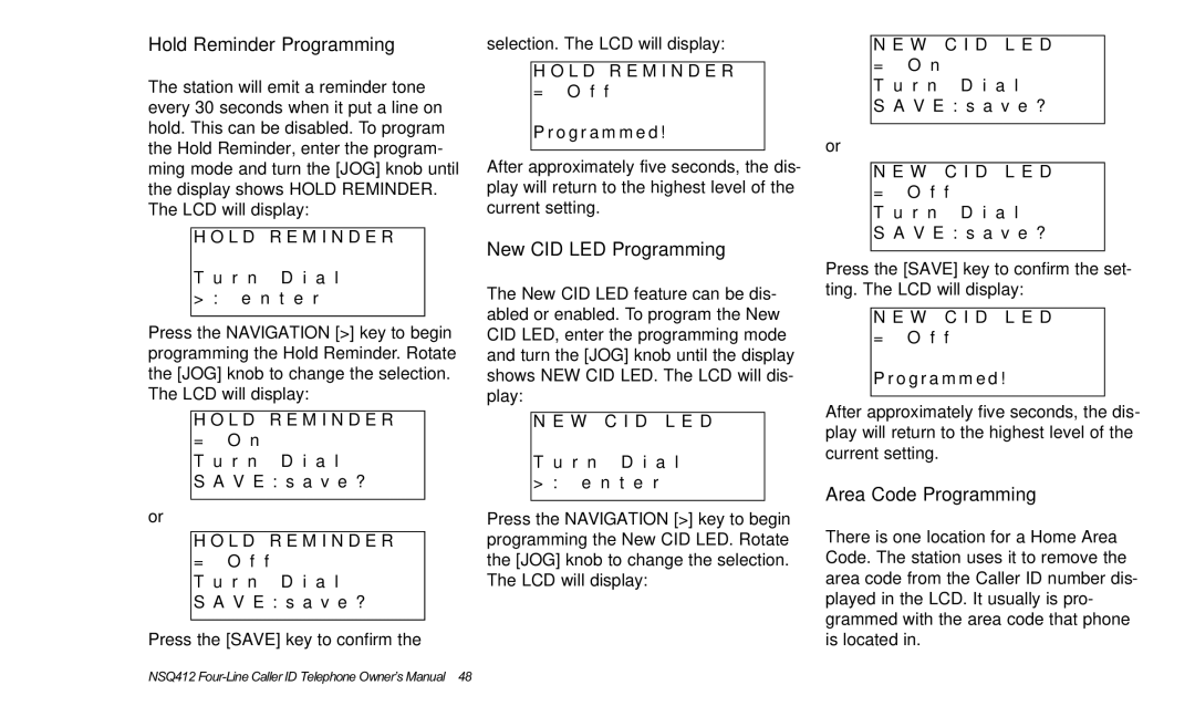 Verizon NSQ412 owner manual Hold Reminder Programming, New CID LED Programming, Area Code Programming, L D R E M I N D E R 