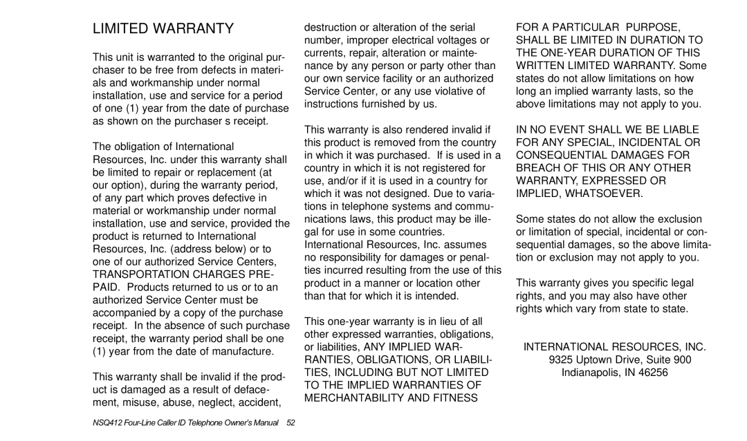 Verizon NSQ412 owner manual Limited Warranty, International RESOURCES, INC 