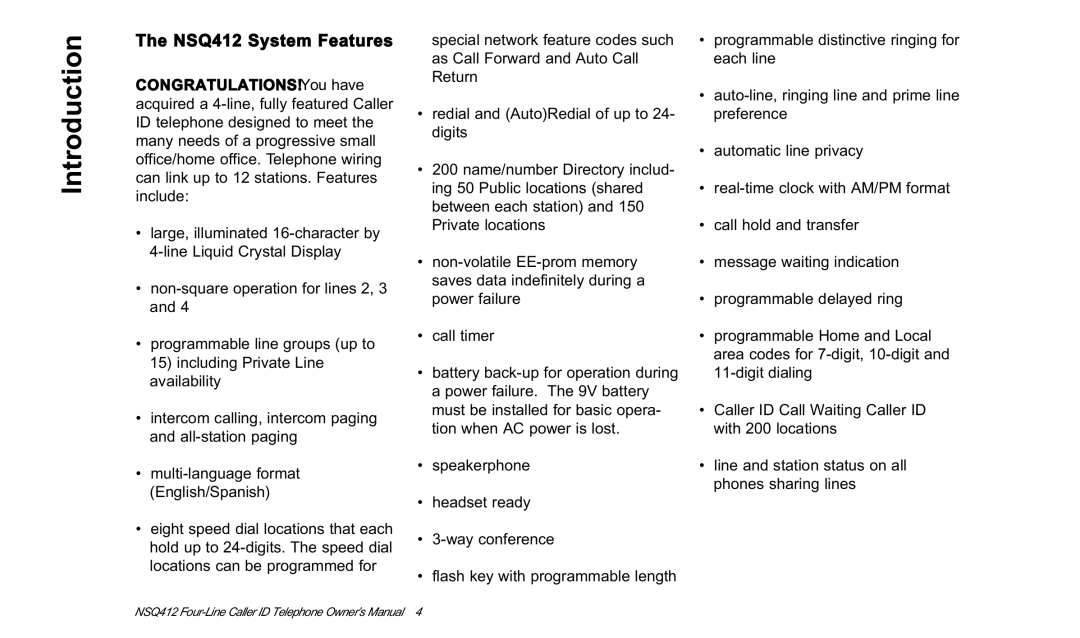 Verizon owner manual Introduction, NSQ412 System Features 