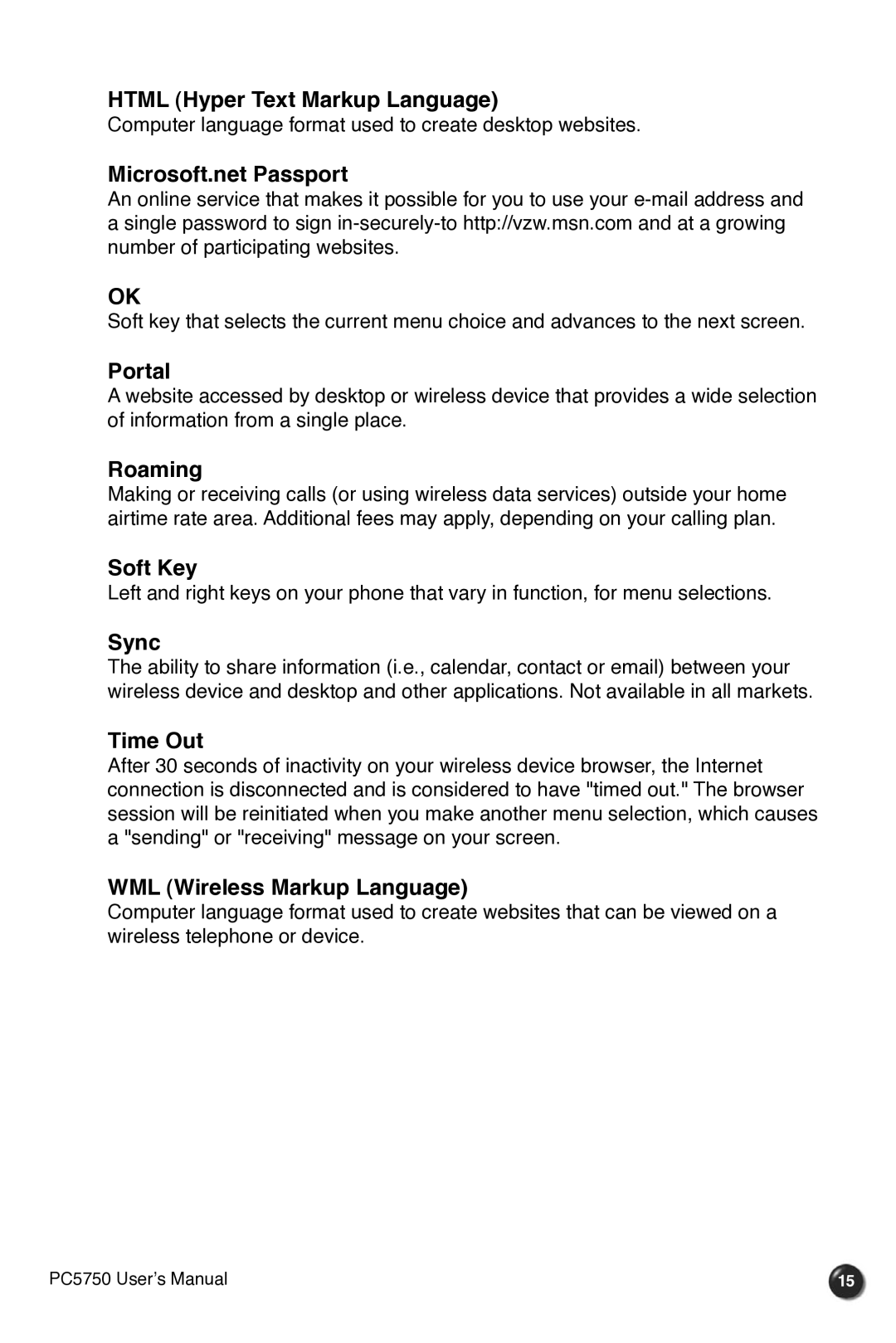 Verizon PC5750 manual Html Hyper Text Markup Language, Microsoft.net Passport, Portal, Roaming, Soft Key, Sync, Time Out 