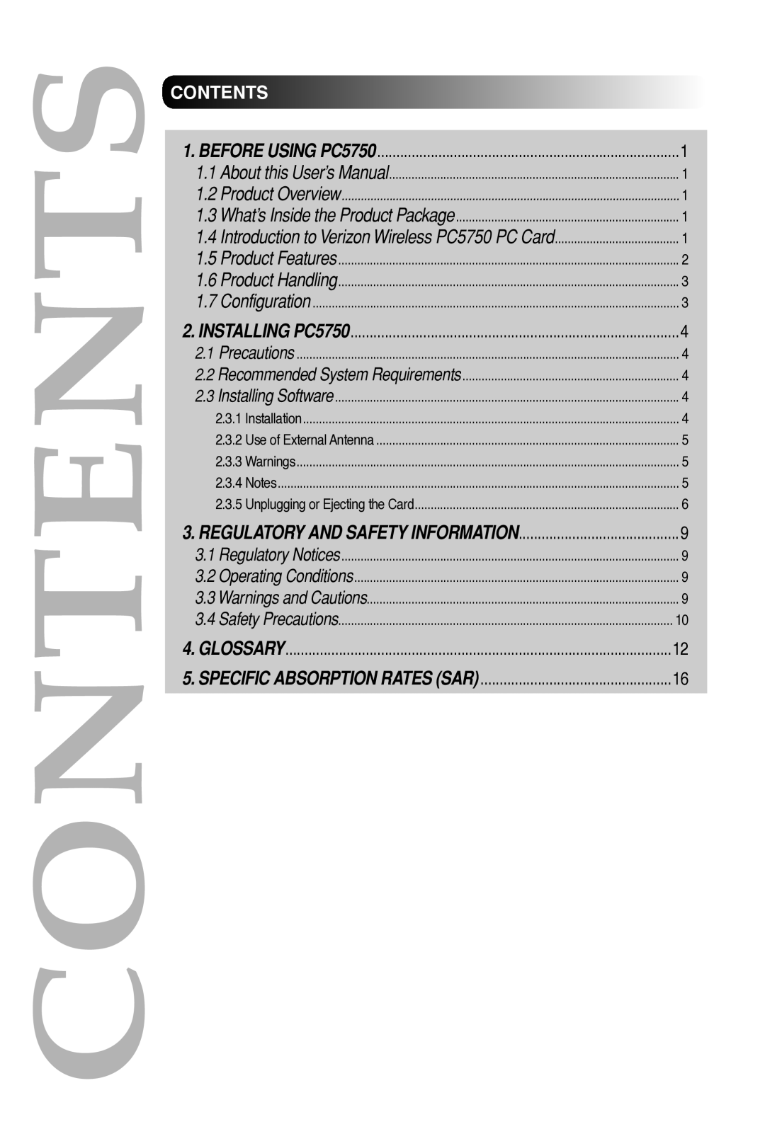 Verizon PC5750 manual Contents 