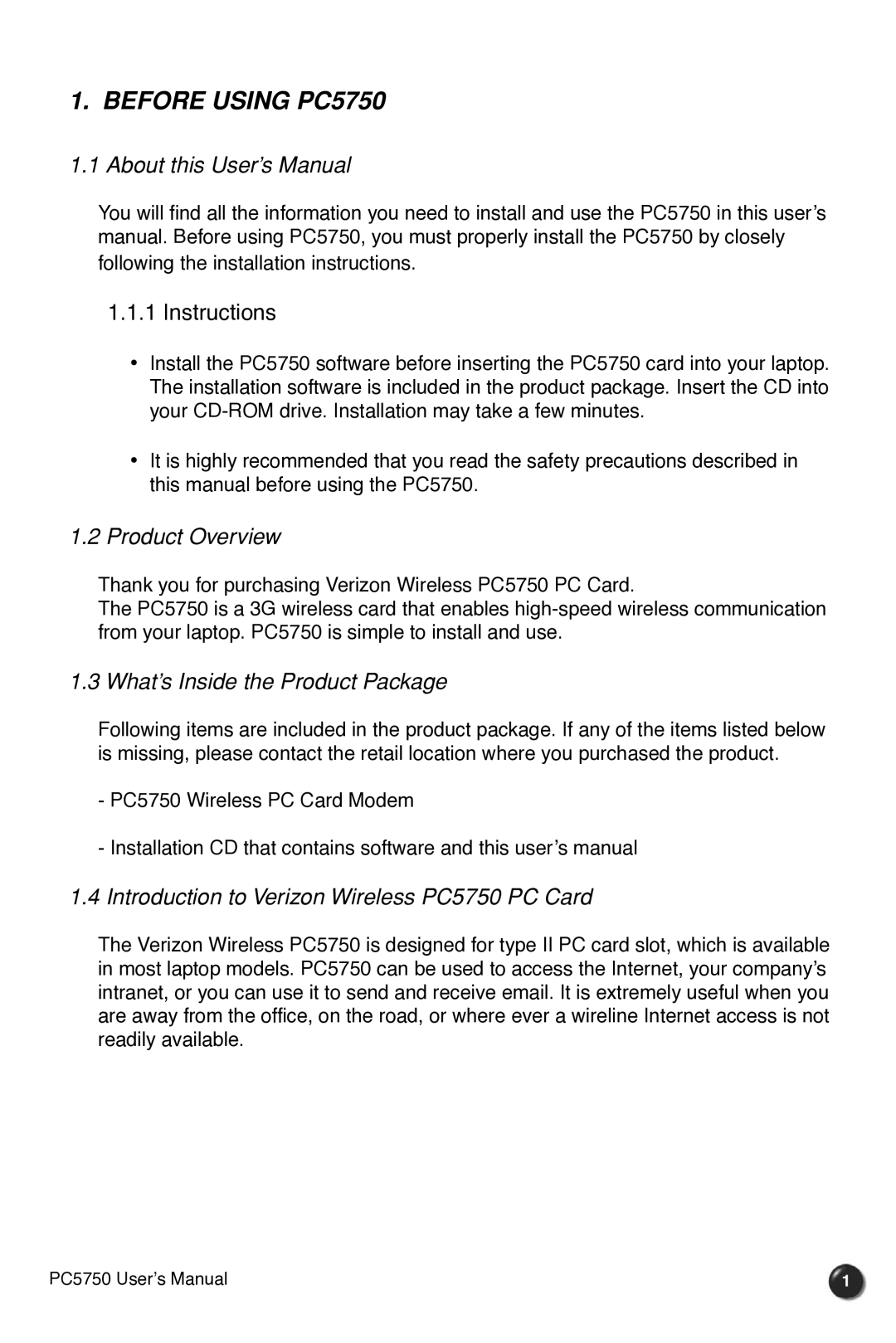 Verizon manual Before Using PC5750, About this User’s Manual, Product Overview, What’s Inside the Product Package 