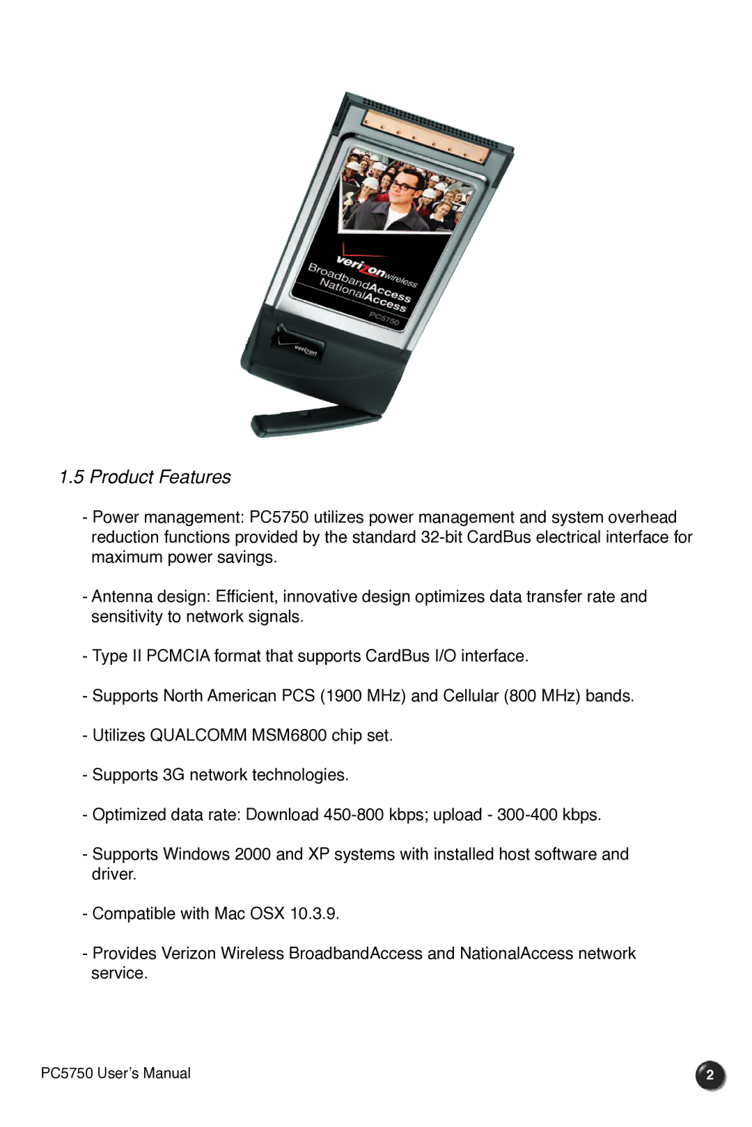 Verizon PC5750 manual Product Features 