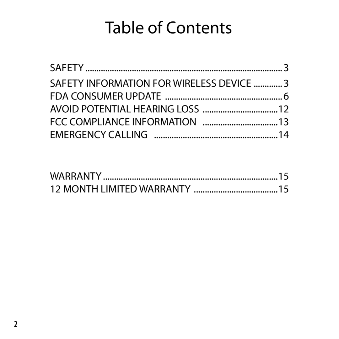 Verizon PSW2260VW2 warranty Table of Contents 