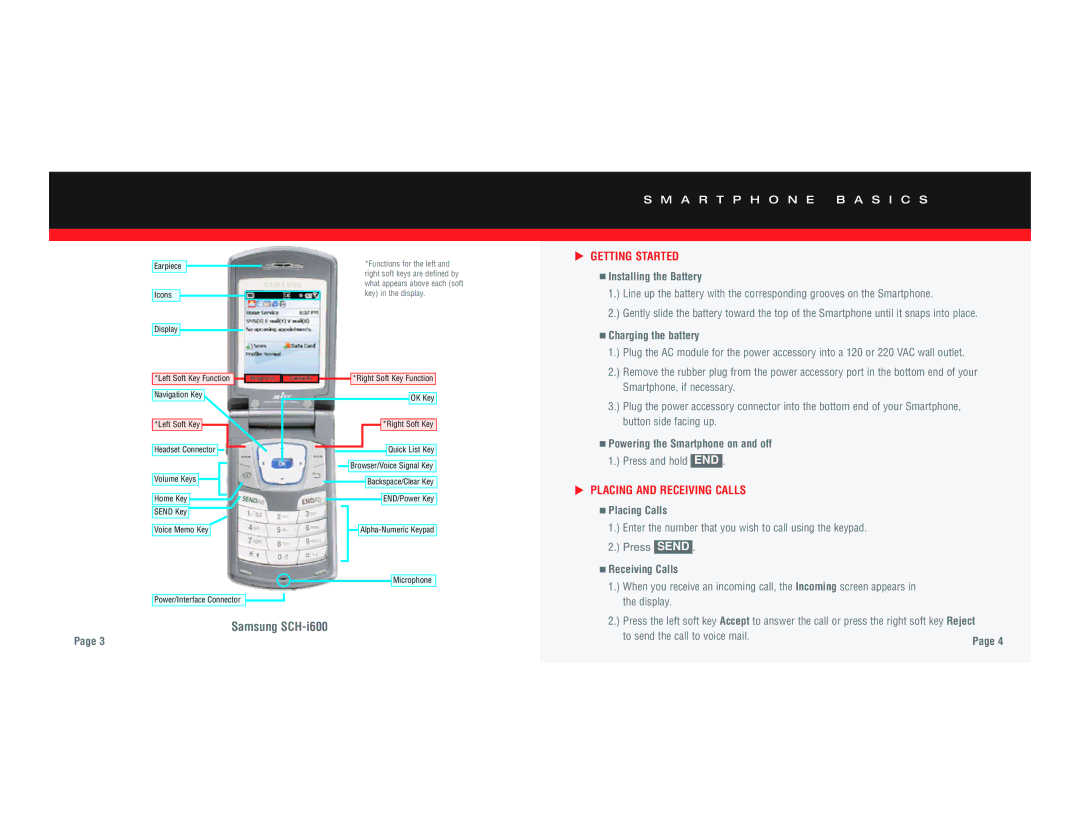 Verizon SCHI600 Installing the Battery, Charging the battery, Powering the Smartphone on and off 1. Press and hold END 