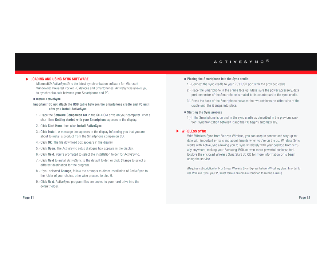 Verizon SCHI600 manual Loading and Using Sync Software, Click Start Here, then click Install ActiveSync, Wireless Sync 