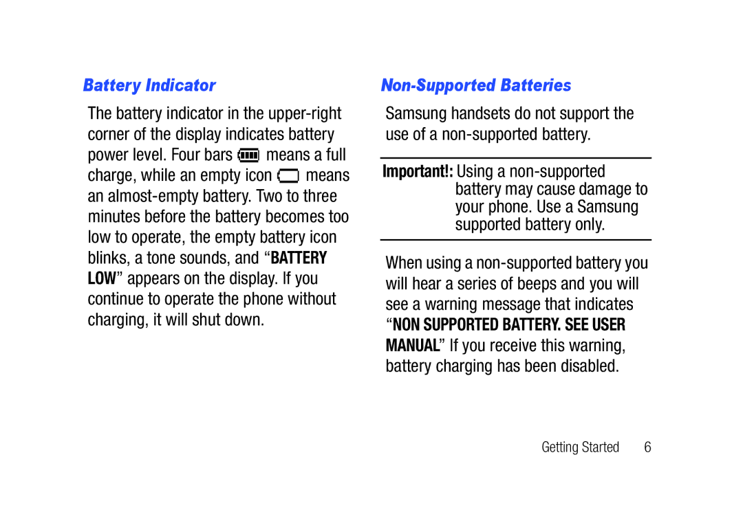 Verizon SCHu320 user manual Battery Indicator, Power level. Four bars means a full, Non-Supported Batteries 