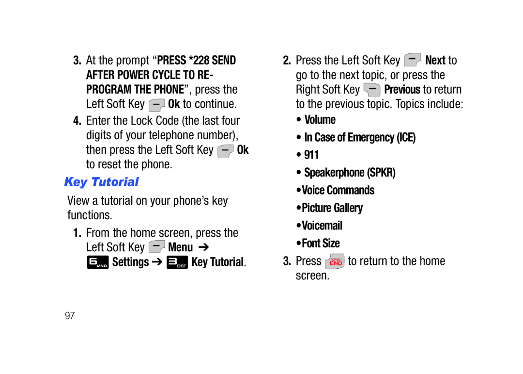 Verizon SCHu320 user manual Settings Key Tutorial, Volume Case of Emergency ICE 911 Speakerphone Spkr 