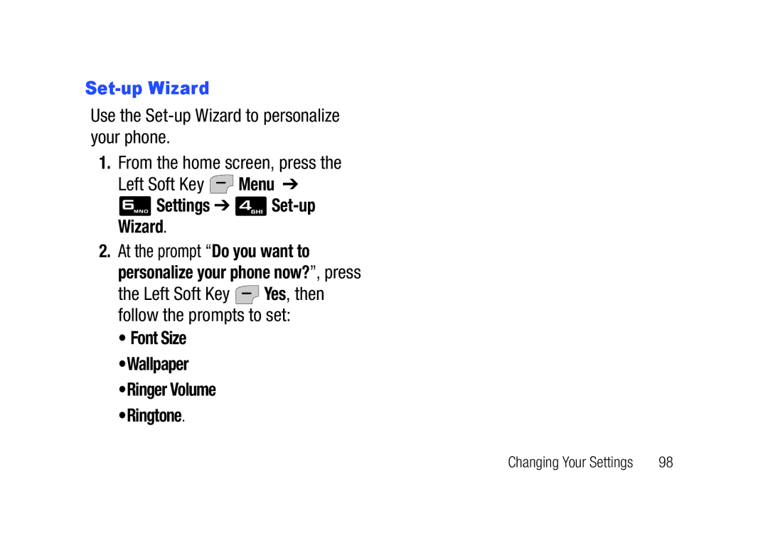 Verizon SCHu320 user manual Set-up Wizard, Font Size 