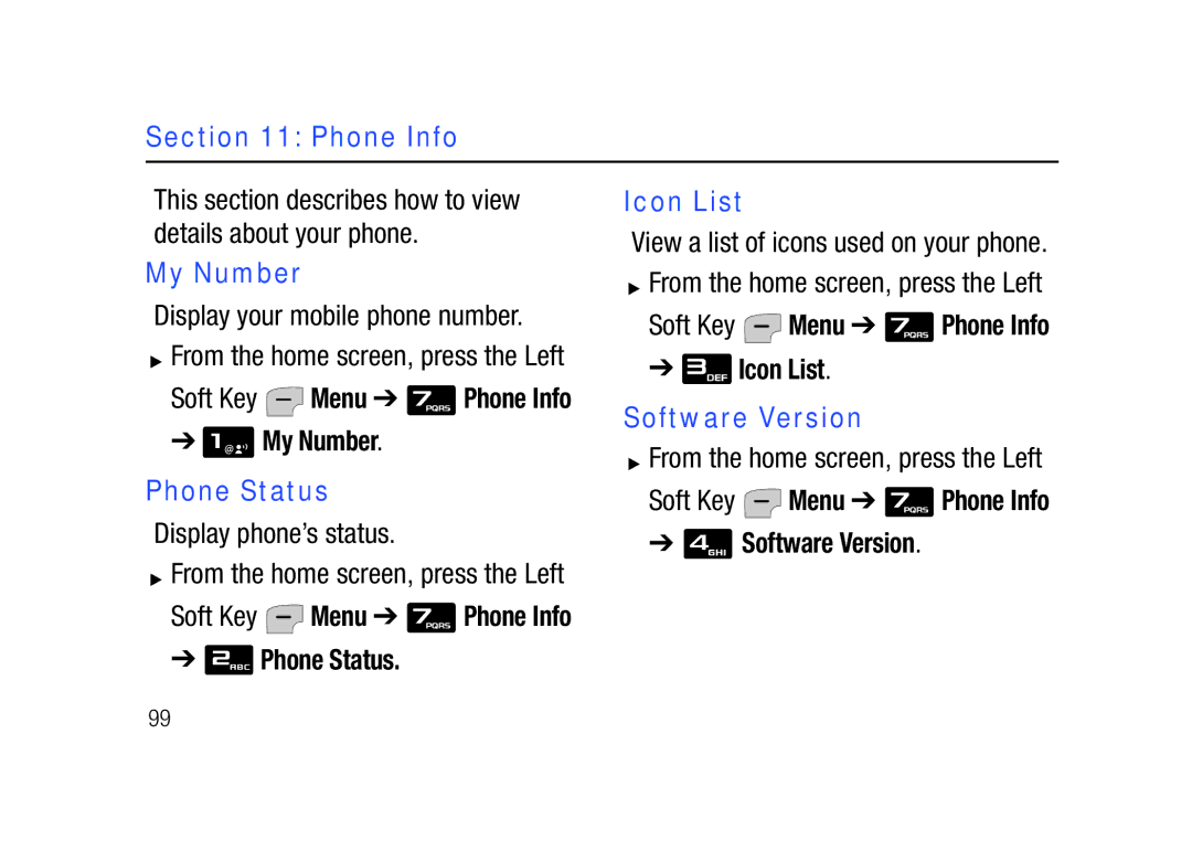 Verizon SCHu320 user manual Phone Info, Icon List, My Number, Software Version, Phone Status 