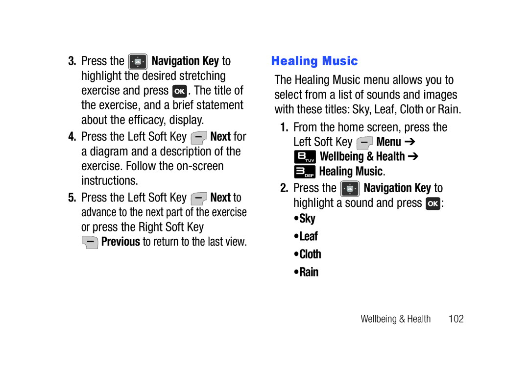 Verizon SCHu320 user manual Wellbeing & Health Healing Music, Sky Leaf Cloth Rain, 102 