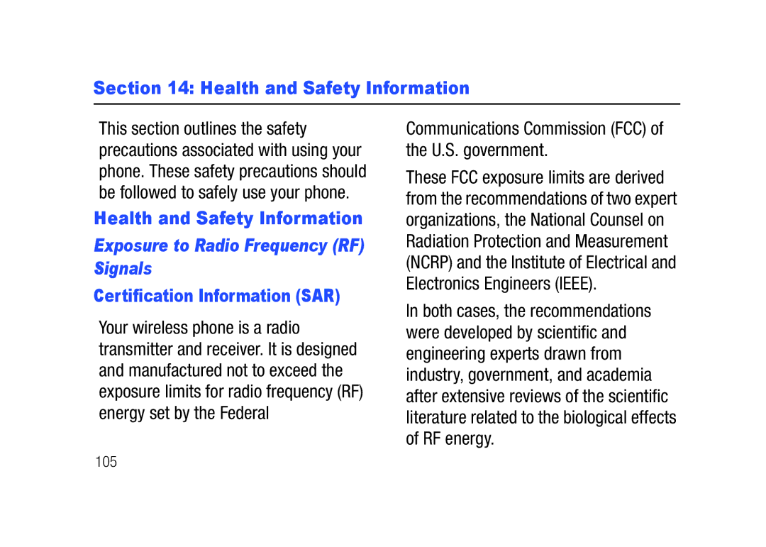 Verizon SCHu320 Health and Safety Information, Exposure to Radio Frequency RF Signals, Certification Information SAR, 105 