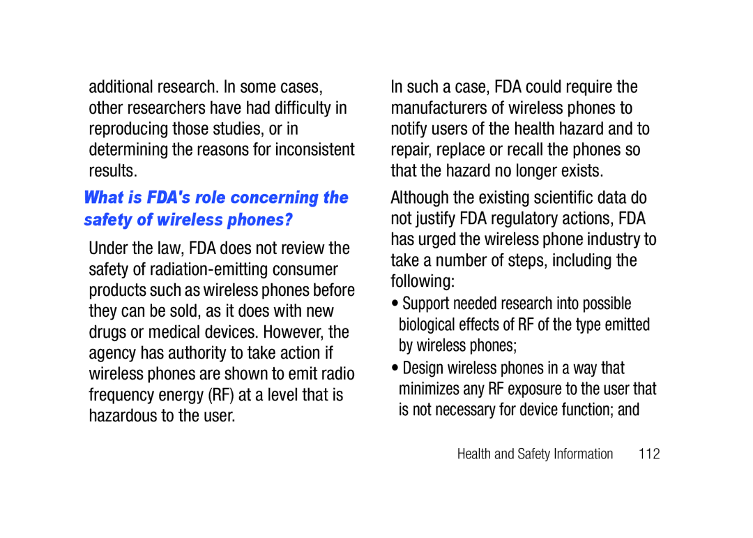 Verizon SCHu320 user manual What is FDAs role concerning the safety of wireless phones?, 112 