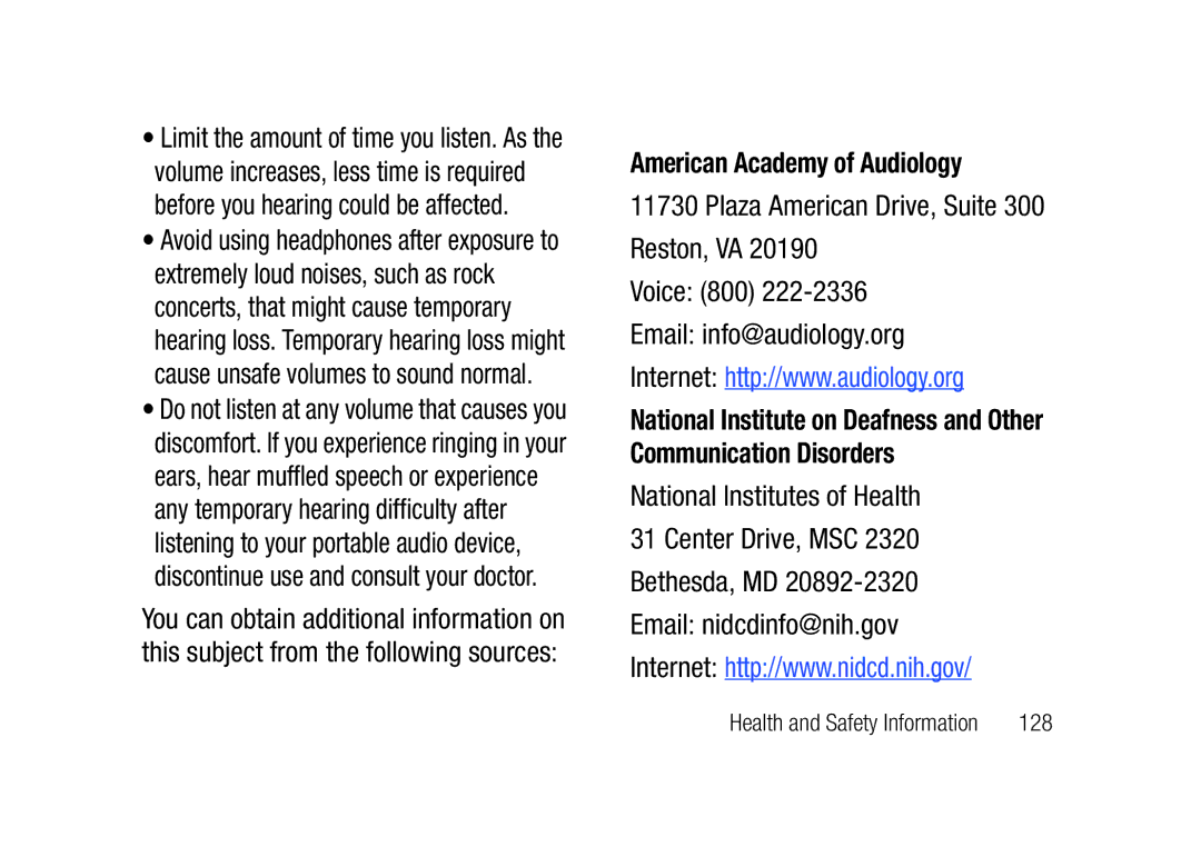 Verizon SCHu320 user manual American Academy of Audiology, Reston, VA Voice 800 Email info@audiology.org, 128 