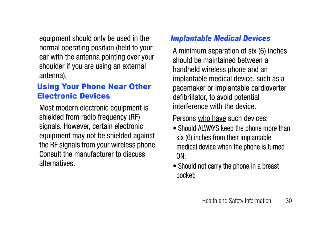 Verizon SCHu320 user manual Using Your Phone Near Other Electronic Devices, Implantable Medical Devices, 130 